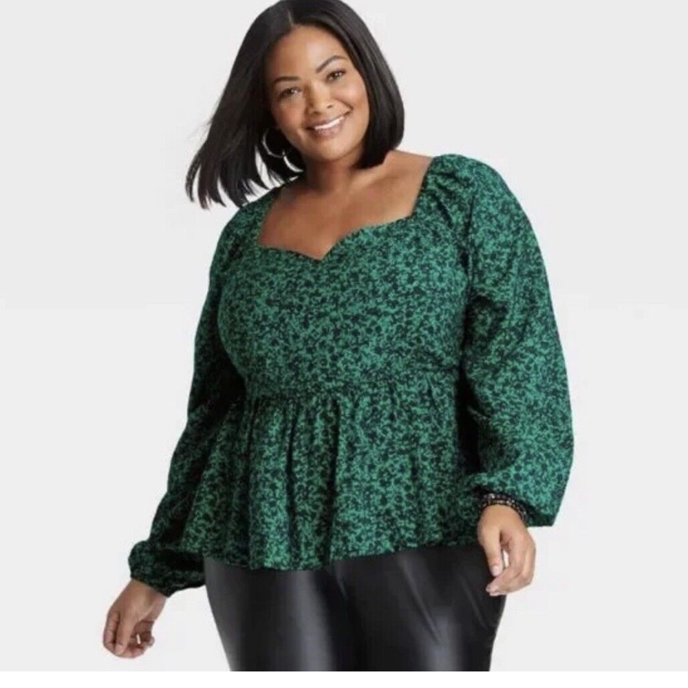 Ava And Viv Peplum Top Black Green Shirt Ava Viv Puff Sleeve Blouse Size 2X New